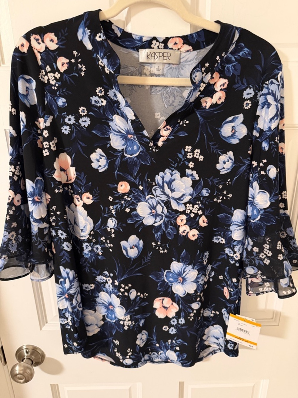 NWT Kasper Black Floral Split Neck Tunic 3/4 sleeves black/blue/pink  Small